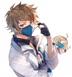  1boy achan_(blue_semi) ahoge black_gloves black_shirt blonde_hair brown_eyes brown_hair chibi chibi_inset djeeta_(granblue_fantasy) doctor_(granblue_fantasy) female gloves gran_(granblue_fantasy) granblue_fantasy half_gloves jacket mask mask_pull mouth_mask shirt syringe white_background white_jacket 