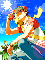  2boys baseball_cap bird black_shirt blue_oak brown_hair buttons capri_pants closed_mouth cloud commentary_request day eyewear_on_head hat highres holding holding_poke_ball kanimaru male_focus multiple_boys on_shoulder orange_hair outdoors palm_tree pants pikachu poke_ball poke_ball_(basic) pokemon pokemon_(creature) pokemon_on_shoulder pokemon_sm red_(pokemon) shirt short_hair short_sleeves sky spiked_hair sun sunglasses t-shirt tree 