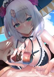  1boy bangs beach bikini black_bikini blunt_bangs blush bottle braid breasts cleavage female flower frilled_bikini frills genshin_impact green_eyes highres holding holding_bottle large_breasts looking_at_viewer lotion lotion_bottle lying maid_bikini maid_headdress male_swimwear noelle_(genshin_impact) on_back pouring_onto_another pov red_flower red_rose rose short_hair smile sukesan swim_trunks swimsuit upper_body white_hair 