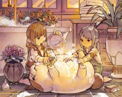  2girls blunt_bangs brush bubble bucket fatter_cat_(ff14) feline final_fantasy final_fantasy_xiv flower lalafell lying multiple_girls n122425 on_back plant pointy_ears soap soap_bubbles vase warrior_of_light_(ff14) washing 