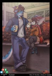  anthro autumn autumn_leaves azaleesh bell bell_collar beverage biped blue_body blue_bottomwear blue_clothing blue_eyes blue_footwear blue_pants blue_shoes border bottomwear brown_hair building canid canine clothed clothing coffee cold collar digital_media_(artwork) duo eye_contact felid feline female footwear full-length_portrait fully_clothed green_eyes grey_clothing grey_legwear hair hand_on_head hi_res holding_beverage holding_object horn horn_jewelry jacket jewelry leg_warmers legwear looking_at_another low_wall male mammal mary_janes merena_(azaleesh) on_wall orange_clothing orange_topwear pants plant pom_clothing pom_hat pom_topwear portrait scarf shoes shrub sitting size_difference smile standing sweater topwear 