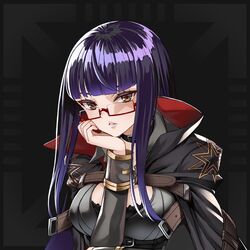  breasts brown_eyes choker female glasses head_rest highres kaorihero looking_at_viewer official_art pale_skin polygon_project purple_hair solo virtual_youtuber xpi 