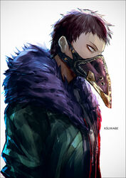  1boy artist_name boku_no_hero_academia feather_trim from_side grey_background jacket k-suwabe male_focus mask mouth_mask overhaul_(boku_no_hero_academia) plague_doctor_mask profile shiny_clothes short_hair simple_background solo upper_body 