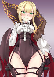  blonde_hair blush breasts cameltoe female girls&#039;_frontline green_eyes groin gun halloween highres long_hair medium_breasts narrow_waist oerba_yun_fang sangue_llia smile solo sweatdrop thigh_gap thigh_strap vampire weapon welrod_mkii_(girls&#039;_frontline) wide_hips 