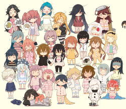  3_3 6+girls :o abukuma_(kancolle) abyssal_ship ahoge akebono_(kancolle) alternate_hairstyle arms_up asashio_(kancolle) atlanta_(kancolle) blanket blonde_hair blue_hair blush braid brown_hair cake chibi closed_eyes closed_mouth colored_skin commentary_request crossed_arms dress etorofu_(kancolle) eye_mask food fubuki_(kancolle) fumizuki_(kancolle) glasses grey_hair hair_down half-closed_eyes hat hatsushimo_(kancolle) hatsuyuki_(kancolle) hayashimo_(kancolle) hibiki_(kancolle) highres holding holding_hands horns ikazuchi_(kancolle) jervis_(kancolle) kantai_collection kasumi_(kancolle) kitakami_(kancolle) kiyoshimo_(kancolle) long_hair looking_for_glasses lying messy_hair mochizuki_(kancolle) multiple_girls newspaper nisshin_(kancolle) northern_ocean_princess oboro_(kancolle) one_eye_closed open_mouth pajamas pants pillow pink_hair purple_hair red_hair ryuujou_(kancolle) saiguchi_otoufu saliva samidare_(kancolle) sazanami_(kancolle) sendai_(kancolle) sheep shiranui_(kancolle) short_hair simple_background sleepy smile standing stretching striped_clothes striped_pajamas stuffed_animal stuffed_toy tank_top tears thought_bubble unworn_eyewear ushio_(kancolle) uzuki_(kancolle) wakaba_(kancolle) white_hair white_skin yawning yellow_background z1_leberecht_maass_(kancolle) 