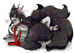  4_toes 8_tails black_body black_fur black_hair black_horn black_nose black_pawpads black_tail blush_symbol bodily_fluids canid canine claws collar colored convenient_censorship covering covering_crotch covering_self cuff_(restraint) detailed detailed_fur digital_media_(artwork) digitigrade eyelashes feet female feral fluffy fluffy_chest fluffy_tail flying_sweatdrops fox front_view full-length_portrait fur glistening glistening_body glistening_fur glistening_hair glistening_tail grey_body grey_ears grey_fur hair horn kemono leash leashed_collar long_hair looking_at_viewer lying mammal mane mane_hair miku1215 monotone_hair monotone_tail multi_tail multicolored_body multicolored_fur neck_tuft nude on_side open_mouth orange_eyes pawpads paws pictographics portrait quadruped red_claws red_eyelashes restraints shackles shaded signature simple_background snout solo speech_bubble sweat sweatdrop tail tail_censorship teeth thick_fur thick_tail toe_claws toes tuft two_tone_body two_tone_fur white_background 