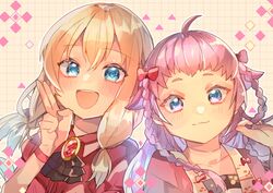  2boys :3 :d ahoge alternate_hairstyle ascot blonde_hair blue_eyes bow braid chatan_nakiri_(touken_ranbu) chiro_(chi-bu-ko) hair_flaps hairbow hairstyle_switch highres male_focus midare_toushirou midare_toushirou_(kiwame) multiple_boys open_mouth otoko_no_ko pink_hair sidelocks smile touken_ranbu triangle twin_braids upper_body 