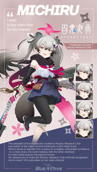  absurdres animal_ears armpits asymmetrical_legwear bandaged_leg bandages black_scarf blue_archive breasts detached_sleeves english_text eyeshadow female full_body grey_hair gun halo highres leg_up long_hair looking_at_viewer makeup michiru_(blue_archive) neckerchief ninja official_art pink_eyeshadow pink_neckerchief pump_action raccoon_ears raccoon_girl raccoon_hair_ornament raccoon_tail remington_870 scarf school_uniform seicoh shotgun small_breasts smile solo tail twintails weapon yellow_eyes 