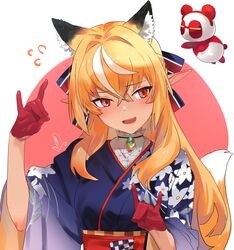  animal_costume animal_ear_fluff animal_ears bad_id bad_twitter_id blonde_hair bow checkered dark-skinned_female dark_skin elf female floral_print fox_ears fox_shadow_puppet fox_tail gloves hair_between_eyes hair_ornament hairbow highres hololive japanese_clothes kintsuba_(shiranui_flare) long_hair multicolored_hair official_alternate_costume official_alternate_hairstyle panda_costume pointy_ears red_eyes red_gloves shiranui_flare shiranui_flare_(new_year) sidelocks streaked_hair tail virtual_youtuber yomosaka 