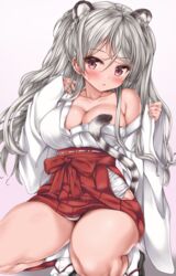  animal_ears bare_shoulders blush breasts cleavage collarbone conte_di_cavour_(kancolle) female hair_between_eyes hakama japanese_clothes kantai_collection large_breasts long_hair long_sleeves looking_at_viewer miko nijimoto_hirok off_shoulder panties red_hakama sandals socks solo tabi tail thighs tiger_ears tiger_tail twintails underwear white_socks wide_sleeves zouri 