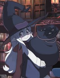  book bookshelf closed_mouth colored_skin crusaders_quest female grey_hat hat highres holding holding_sack long_sleeves looking_at_viewer pointy_ears purple_eyes red_scarf sack scarf smile solo standing white_skin whitebear witch_hat 