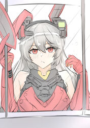  absurdres bare_shoulders blush charolic_(girls&#039;_frontline_2) female female_pov girls&#039;_frontline girls&#039;_frontline_2:_exilium grey_hair highres long_hair mechanical_ears mirror muteppona_hito pov red_eyes solo very_long_hair 