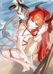  absurdres apron arknights beach breasts chest_strap cleavage female full_body hair_between_eyes highres holding horns long_hair looking_at_viewer mizuhashi_parusui purple_eyes red_hair solo surtr_(arknights) surtr_(colorful_wonderland)_(arknights) sword water weapon 