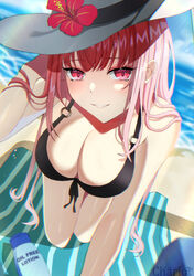  artist_name beach bikini black_bikini blue_sky breasts chariot_(teachariot828) cleavage cloud cloudy_sky commentary_request day female flower front-tie_bikini_top front-tie_top hat hat_flower hibiscus highres hololive hololive_english large_breasts long_hair looking_at_viewer lotion mori_calliope o-ring o-ring_bikini o-ring_top ocean outdoors pink_eyes pink_hair red_flower sand sky smile solo sun_hat swimsuit towel virtual_youtuber water white_hat 