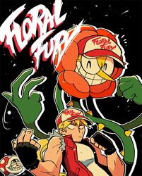  1boy ^_^ black_background black_gloves blonde_hair cagney_carnation clenched_hand closed_eyes copyright_name cuphead cuphead_(game) fatal_fury fatal_fury_cap fingerless_gloves flower gloves grin hat highres male_focus mario_(series) piranha_plant pun rariatto_(ganguri) red_vest shirt simple_background sleeveless smile super_smash_bros. sweat teeth terry_bogard the_king_of_fighters vest 