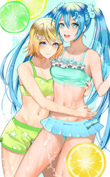  2girls :d bikini bikini_shorts bikini_skirt blonde_hair blue_eyes breasts commentary cowboy_shot food frilled_bikini frills fruit groin hair_ornament hairclip hatsune_miku highres hug kagamine_rin lemon lemon_slice lime_(fruit) lime_slice long_hair looking_at_viewer meriko midriff multiple_girls musical_note musical_note_hair_ornament navel open_mouth short_hair shorts small_breasts smile summer swimsuit tankini twintails vocaloid wet 