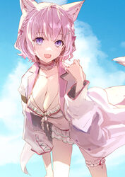  animal_ears antenna_hair bikini blue_sky braid breasts bridal_garter choker cleavage cloud cloudy_sky coat collarbone day female frilled_bikini frilled_choker frills hair_ribbon hakui_koyori hakui_koyori_(summer) highres hololive lab_coat large_breasts leaning_forward looking_at_viewer medium_hair navel open_clothes open_coat open_mouth pink_hair pink_ribbon pink_tail purple_eyes ribbon sky smile solo stomach swimsuit tail thighs virtual_youtuber white_bikini white_choker white_coat wide_sleeves wolf_ears wolf_girl wolf_tail yami_ara 