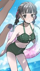  bikini bikini_shorts black_eyes black_hair blue_sky blunt_bangs blurry braid braid_girl_(enmu&#039;s_recruits) breasts cleavage cloud contemporary cowboy_shot day depth_of_field dutch_angle eyelashes female floral_print gradient_ribbon green_bikini green_ribbons halterneck highres holding holding_swim_ring horizon innertube kimetsu_no_yaiba leaning_forward long_hair looking_at_viewer mihashi_(re4_glo) nature navel ocean outdoors outstretched_arm pink_ribbon plaid plaid_bikini pov pov_hands print_innertube ribbon ribbon_braid shorts sky solo_focus standing swim_ring swimsuit twin_braids twintails wet 