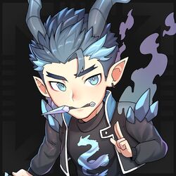  1boy black_hair blue_eyes dragon_boy dragon_horns highres horns looking_to_the_side male_focus official_art pale_skin pointy_ears polygon_project solo virtual_youtuber weapon xxun_(polygon) 