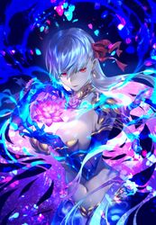  blue_fire body_markings breasts cleavage coma2 commentary earrings fate/grand_order fate_(series) female fire floating_hair flower glowing glowing_hair hair_ribbon highres jewelry kama_(fate) kama_(third_ascension)_(fate) large_breasts long_hair looking_at_viewer multicolored_hair navel pink_flower purple_hair red_eyes red_ribbon revealing_clothes ribbon smile solo stomach very_long_hair white_hair 