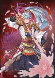  1boy armor blue_eyes blue_hair female flower hakama hakama_skirt holding holding_sword holding_weapon japanese_clothes light_blue_hair long_hair long_sleeves magic petals pink_flower ponytail red_background serious seven_knights shoulder_armor skirt sword very_long_hair weapon winter_(winter168883) 