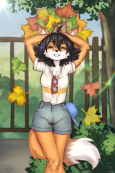  anthro astra_maple black_hair canid canine closed_eyes clothing elronya eyewear female fox fur glasses hair hi_res leaf mammal orange_body orange_fur outside park solo white_body white_fur 