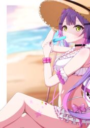  arm_strap bare_legs beach bikini black_choker blunt_bangs blurry blurry_background border bow choker female floating_hair food from_side green_eyes hair_ornament hairclip hat highleg highleg_bikini highres holding holding_food hololive hololive_summer_2022_swimsuit layered_bikini long_hair miku_(23393508) multicolored_hair navel ocean outdoors outside_border pink_bow pink_hair pink_scrunchie popsicle purple_hair scrunchie sitting solo straw_hat sun_hat swimsuit tokoyami_towa very_long_hair virtual_youtuber white_bikini white_border wrist_scrunchie 