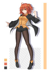  black_footwear black_jacket black_shorts blush boots bow breasts brown_eyes brown_hair brown_pantyhose closed_mouth collared_shirt color_guide command_spell commentary_request diagonal_stripes elsa_(g557744) fate/grand_order fate_(series) female fujimaru_ritsuka_(female) fujimaru_ritsuka_(female)_(mage&#039;s_association_uniform) full_body hair_between_eyes hair_ornament hair_scrunchie hand_up high_heel_boots high_heels jacket long_sleeves medium_breasts navel official_alternate_costume one_side_up open_clothes open_jacket orange_scrunchie orange_shirt outstretched_arm pantyhose pantyhose_under_shorts photoshop_(medium) red_bow scrunchie shirt short_shorts shorts smile solo striped striped_background wide_sleeves 