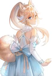  animal_ears back breasts detached_sleeves dress female fox_ears fox_girl fox_tail from_behind highres large_breasts long_hair looking_at_viewer looking_back moguta_(moguta9) open_mouth original ribbon sideboob simple_background standing tail white_background 