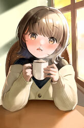  :q bad_id bad_pixiv_id brown_hair cafe cardigan chair commentary cup female foam_mustache food food_on_face highres holding holding_cup licking_lips looking_at_viewer off_shoulder original short_hair sitting solo symbol-only_commentary table tongue tongue_out yukimaru_nun 