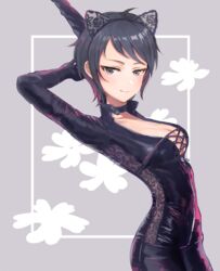  ahoge animal_ears arm_behind_head arms_up black_hair breasts cat_ears choker cleavage cleavage_cutout clothing_cutout embroidery fake_animal_ears female idolmaster idolmaster_cinderella_girls idolmaster_cinderella_girls_starlight_stage leather_suit omisoshiru protected_link see-through short_hair skin_tight solo wakui_rumi zipper 