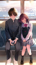  1boy absurdres backpack bag blush bow bowtie brown_hair cellphone closed_eyes commentary earphones facing_viewer female full_body hair_ornament hairclip highres leaning_on_person miniskirt ocean original phone rabbit_hair_ornament school_bag school_uniform shared_earphones short_hair side-by-side sitting skirt sleeves_past_wrists smartphone sunset train_interior yukimaru_nun 