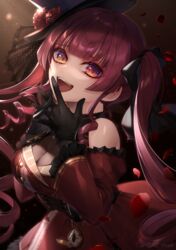  :d black_gloves black_hat black_ribbon blunt_bangs breasts cleavage corset dark_background detached_sleeves dress female flower from_side gloves hair_ribbon hands_on_own_face hat hat_flower heterochromia highres hololive houshou_marine houshou_marine_(gothic_lolita) kogome_(azalea4) large_breasts light long_hair long_sleeves looking_at_viewer looking_to_the_side official_alternate_costume official_alternate_hair_length official_alternate_hairstyle open_mouth own_hands_together petals pocket_watch purple_hair red_dress red_eyes red_flower red_hair red_rose ribbon rose rose_petals see-through see-through_cleavage sidelocks smile solo top_hat twintails twitter_username very_long_hair virtual_youtuber watch yellow_eyes 