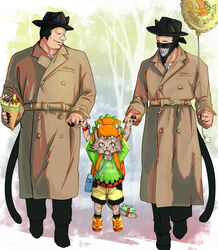  3boys :3 :d animal_ears bag balloon bandana black_footwear black_hair black_nails black_pants body_fur brown_coat buttons captured_alien_(meme) cat_boy cat_ears cat_tail coat crepe dinosaur dinosaur_hood doitsuken double-breasted ears_through_headwear fedora food furry furry_male green_shirt grin hat holding holding_hands lifting_person lolicon long_sleeves meme multiple_boys open_mouth original pants scar scar_across_eye scar_on_face shirt shoes short_hair short_sleeves shorts smile tail tail_ornament toy trench_coat very_short_hair watch wristwatch yellow_footwear yellow_shorts 