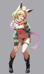  animal_ear_fluff animal_ears ass_visible_through_thighs bikini black_bikini black_footwear blonde_hair blue_eyes boots braid breasts candy cleavage commentary_request creature creature_on_head female food full_body gradient_hair grey_background hair_between_eyes hand_on_own_knee highres holding holding_food knee_boots large_breasts leaning_forward licking lollipop long_hair long_sleeves multicolored_hair navel off_shoulder open_clothes open_mouth original pink_hair pink_scarf print_footwear scarf side-tie_bikini_bottom simple_background single_bare_shoulder single_braid solo standing star_(symbol) star_print string_bikini swimsuit tokumaro tongue tongue_out very_long_hair 