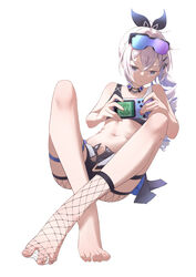  absurdres bare_shoulders barefoot chan_sang drill_hair eyewear_on_head feet female fishnet_socks fishnets grey_eyes hair_ribbon highres honkai:_star_rail honkai_(series) knees_up legs long_hair no_shoes open_fly ribbon silver_wolf_(honkai:_star_rail) simple_background single_barefoot socks solo spread_toes toenails toes white_background 