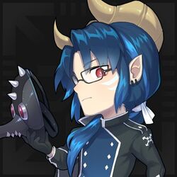  1boy blue_hair dragon_boy dragon_horns glasses horns looking_to_the_side low_ponytail lowres male_focus mask official_art pale_skin pointy_ears polygon_project red_eyes solo virtual_youtuber xgamma 