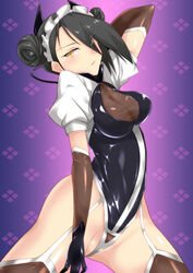  adapted_costume agent_(girls&#039;_frontline) arm_up asymmetrical_hair black_gloves black_hair breasts cleavage cleavage_cutout clothing_cutout commentary_request cowboy_shot double_bun elbow_gloves female garter_straps girls&#039;_frontline gloves hair_bun hair_over_one_eye highleg highleg_leotard highres leotard looking_at_viewer maid_headdress medium_breasts parted_lips purple_background sangue_llia sangvis_ferri solo spread_legs taimanin_(series) taimanin_suit thighhighs tsurime wire yellow_eyes 