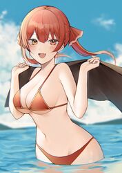  absurdres bangs bikini blush breasts cleavage female hair_ribbon heterochromia highres hololive houshou_marine large_breasts long_hair looking_at_viewer navel nerua red_eyes red_hair ribbon smile solo swimsuit twintails virtual_youtuber yellow_eyes 