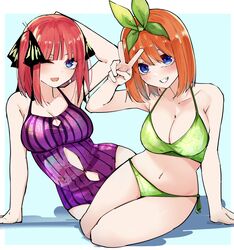  2girls :d arm_behind_head arm_support arm_up armpit_crease bare_arms bare_shoulders bikini black_ribbon blue_background blue_eyes blunt_bangs blush breasts butterfly_hair_ornament casual_one-piece_swimsuit cleavage clothing_cutout collarbone commentary curvy eyebrows_hidden_by_hair full_body go-toubun_no_hanayome green_bikini green_ribbons grin hair_between_eyes hair_ornament hair_ribbon halterneck hand_up head_tilt highres large_breasts long_hair mame1645 medium_hair modeling multiple_girls nakano_nino nakano_yotsuba navel one-piece_swimsuit one_eye_closed open_mouth orange_hair purple_one-piece_swimsuit red_hair ribbon shiny_skin siblings side-tie_bikini_bottom simple_background sisters sitting smile stomach stomach_cutout straight_hair swimsuit thighs twins two_side_up upturned_eyes v v_over_head yokozuwari 