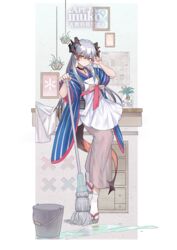  arknights artist_name border bucket choker commentary_request female full_body grey_hair hair_between_eyes hand_on_own_face highres holding holding_mop horns inuko_(redconstellation) legs mop nail_polish orange_eyes orange_nails sandals saria_(arknights) solo spill tail white_border white_legwear wide_sleeves 