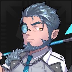  1boy beard facial_hair green_hair looking_to_the_side lowres male_focus monocle official_art pointy_ears polygon_project solo virtual_youtuber xomicron_o yellow_eyes 