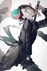  1boy aqua_eyes between_legs black_coat black_gloves closed_mouth coat collared_shirt enmu_(kimetsu_no_yaiba) eyelashes facial_mark feet_out_of_frame gloves gradient_horns green_eyes green_nails grey_background grey_pants hand_between_legs hand_up highres holding holding_sword holding_weapon horizontal_pupils horns kimetsu_no_yaiba legs_apart long_sleeves looking_at_viewer male_focus mihashi_(re4_glo) mismatched_pupils multicolored_horns pants sheath sheep_boy sheep_horns shirt short_hair_with_long_locks single_glove smile solo sword tailcoat text_in_eyes unsheathing weapon 