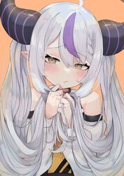  absurdres ahoge bare_shoulders blush braid closed_mouth commentary_request demon_horns female grey_hair hair_between_eyes highres holding holding_own_hair hololive horns la+_darknesss la+_darknesss_(1st_costume) long_hair long_sleeves looking_at_viewer multicolored_hair nemuta_muu pointy_ears purple_hair solo streaked_hair twintails upper_body virtual_youtuber yellow_background yellow_eyes 