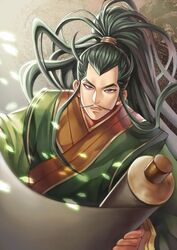  1boy black_eyes black_hair chinese_clothes fa_zheng facial_hair green_robe holding holding_scroll long_hair looking_at_viewer male_focus moustache robe sangokushi_puzzle_taisen scroll solo upper_body very_long_hair winter_(winter168883) 