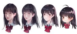  ahoge art_shift black_hair blush bow brown_eyes chibi collared_shirt eyebrows_hidden_by_hair female hair_behind_ear korean_commentary looking_at_viewer mole mole_under_eye multiple_views okku original parted_lips realistic red_bow shirt upper_body white_shirt 