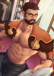  1boy abs absurdres bara bare_pectorals beard black-framed_eyewear black_pants blue_eyes book brown_hair bulge chest_hair cigarette coat coat_on_shoulders facial_hair from_above glasses gyee hair_slicked_back highres holding holding_book indoors ko_shushu large_pectorals looking_at_viewer male_focus mature_male muscular muscular_male navel navel_hair nipples pants pectorals short_hair smoking solo stomach vundo_(gyee) 