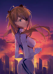  absurdres ass blue_eyes bodysuit breasts brown_hair cityscape evangelion:_3.0+1.0_thrice_upon_a_time eyepatch female grin hair_ornament hairclip highres long_hair looking_at_viewer looking_back neon_genesis_evangelion plugsuit rebuild_of_evangelion smile solo souryuu_asuka_langley standing sunset teizen_(niwamaee) white_bodysuit 