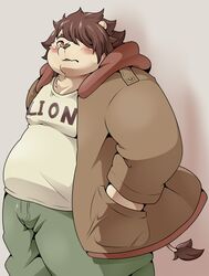  anthro belly blush brown_hair chubby_cheeks clothed clothing felid fur hair hand_in_pocket hi_res hoodie lion male mammal moobs overweight overweight_anthro overweight_male pantherine pockets pomupomu490 solo standing tail tail_tuft tan_body tan_fur topwear tuft 