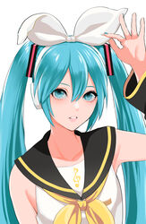  blue_eyes blue_hair bow commentary cosplay female hair_between_eyes hairbow hand_up hatsune_miku highres kagamine_rin kagamine_rin_(cosplay) looking_up meriko parted_lips school_uniform serafuku solo treble_clef twintails vocaloid white_bow 